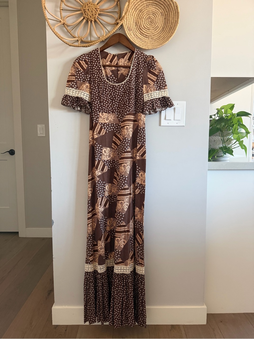 Vintage 70’s Candi Jones Prairie Brown Patchwork Maxi Dress with Cream Lace Trim